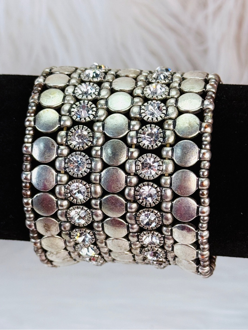 Vintage aged Silvertone crystal Beaded Stretch white band Bracelet